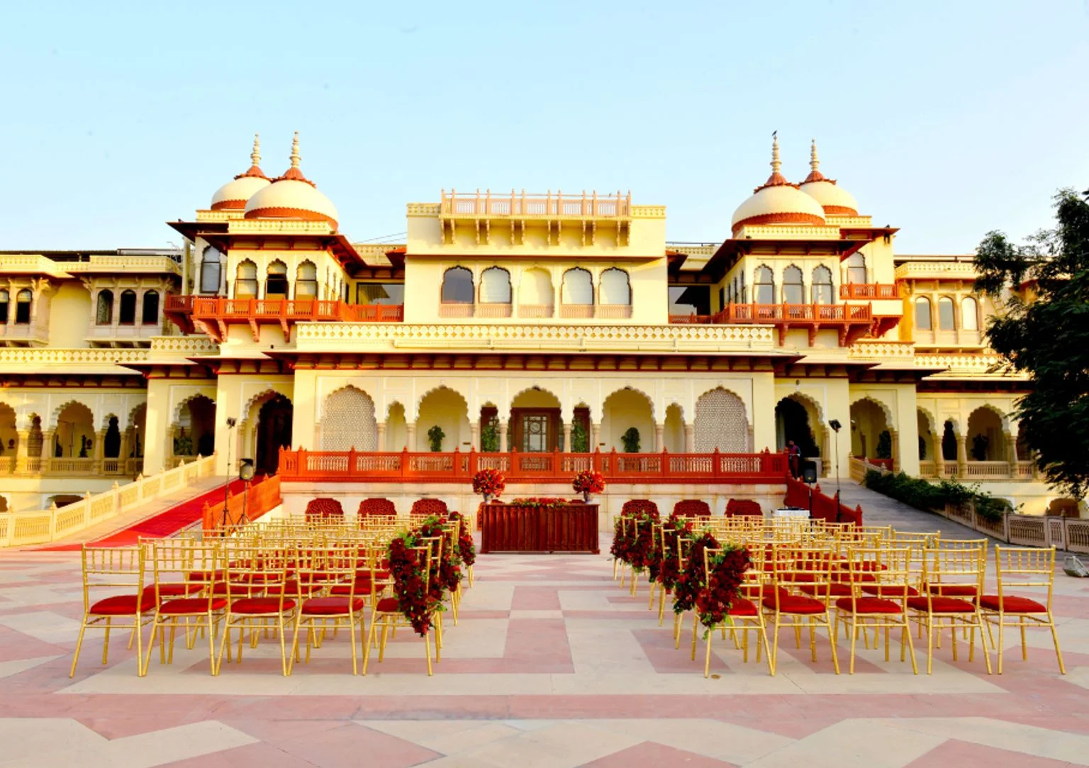Sangeet setup at Naksha Garden for a Wedding at Rambagh Palace