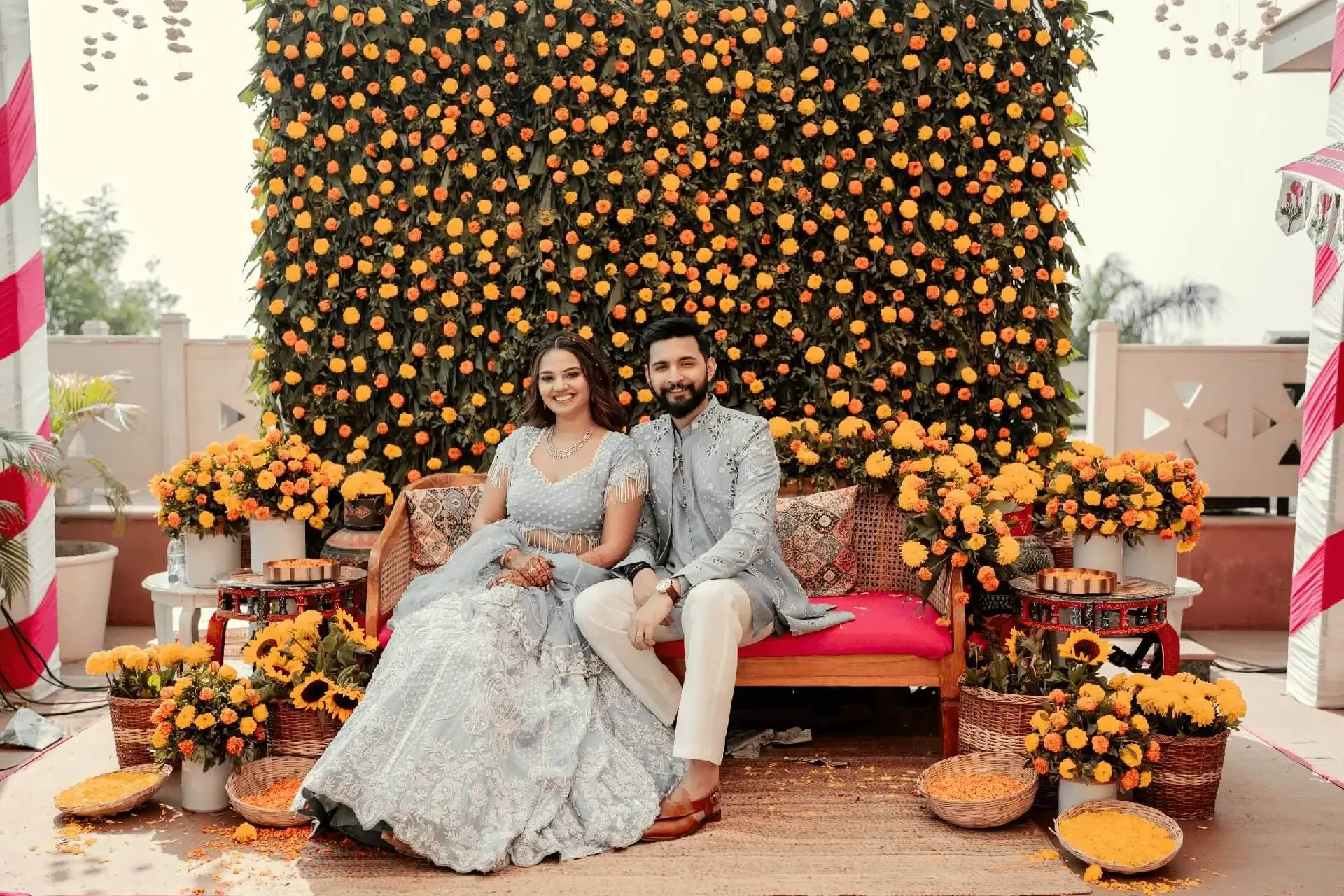 Personalised Indian wedding theme with custom floral décor, coordinated colours and decorative details reflecting the couple's style